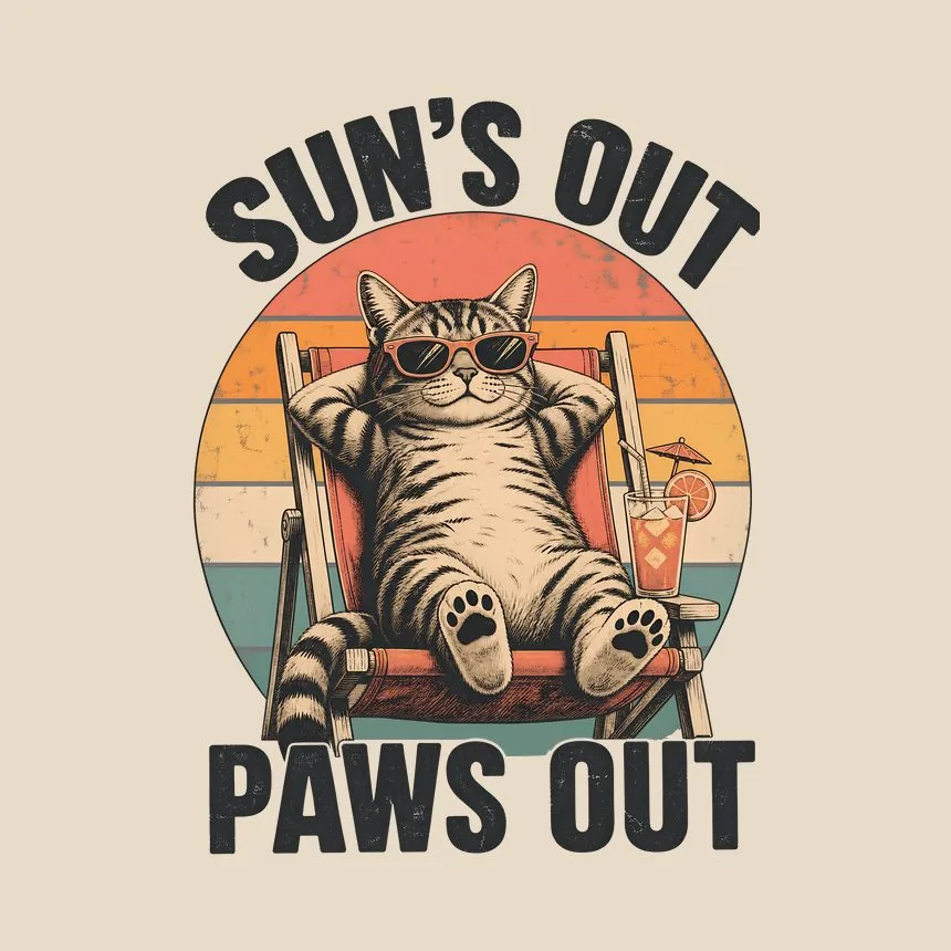 Suns Out Paws Out Summer Cat Retro — funny cat throw pillow