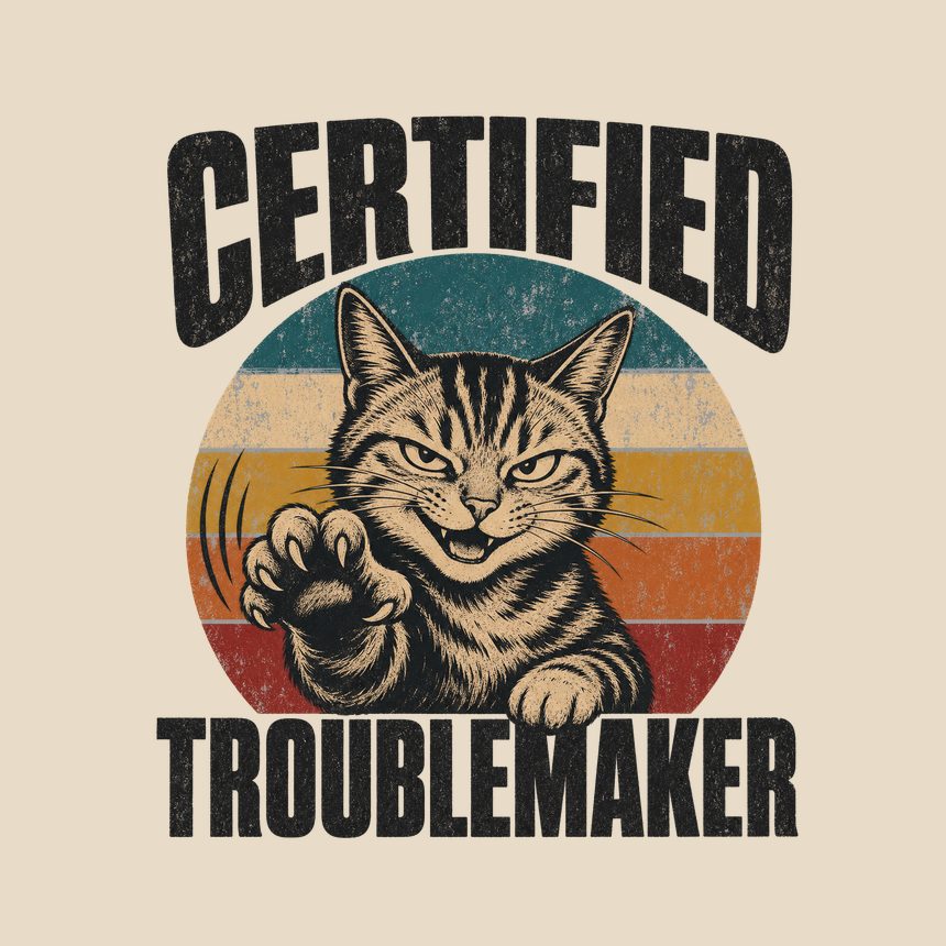Certified Troublemaker Sneaky Cat Retro — funny cat throw pillow