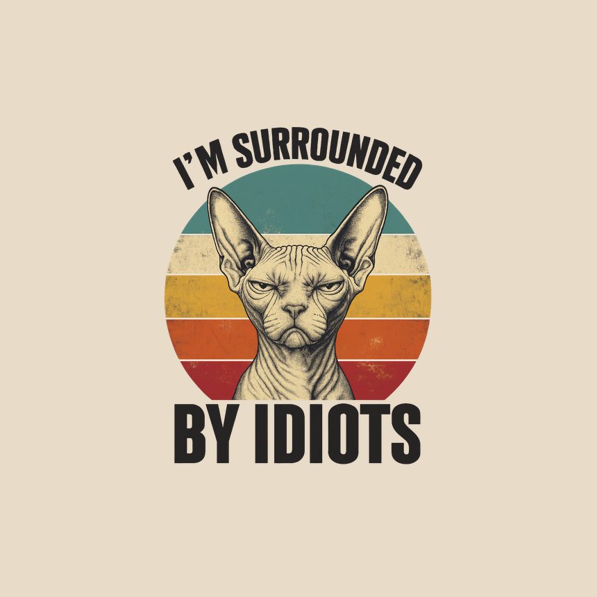 Surrounded By Idiots Judgy Cat Retro — funny cat throw pillow