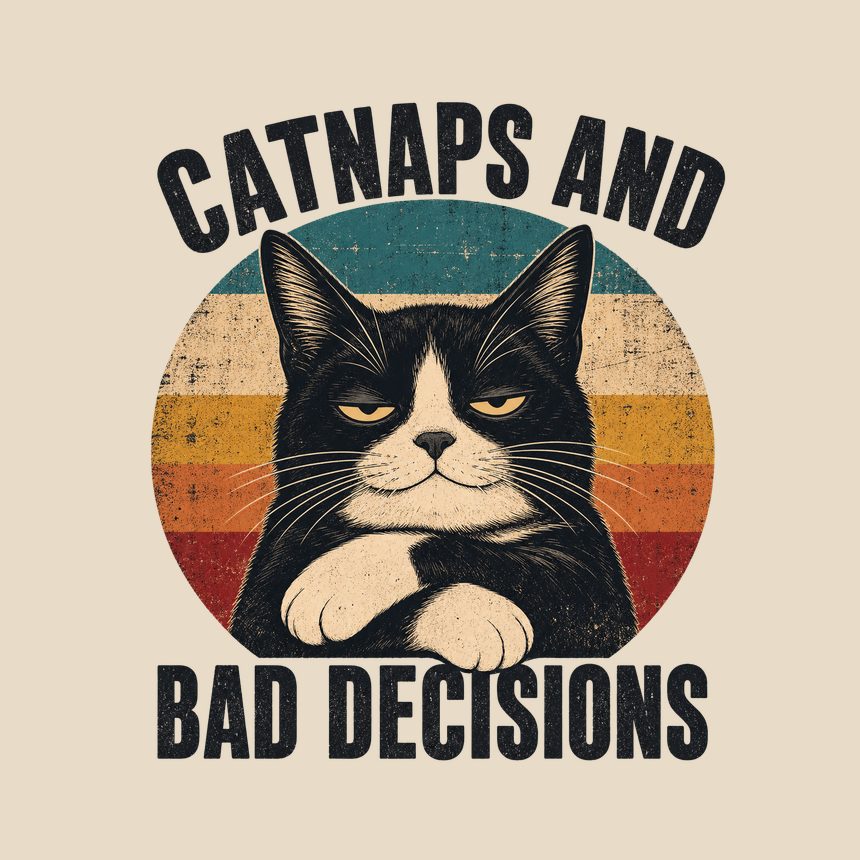 Catnaps And Bad Decisions Tuxedo Cat Retro — funny cat throw pillow