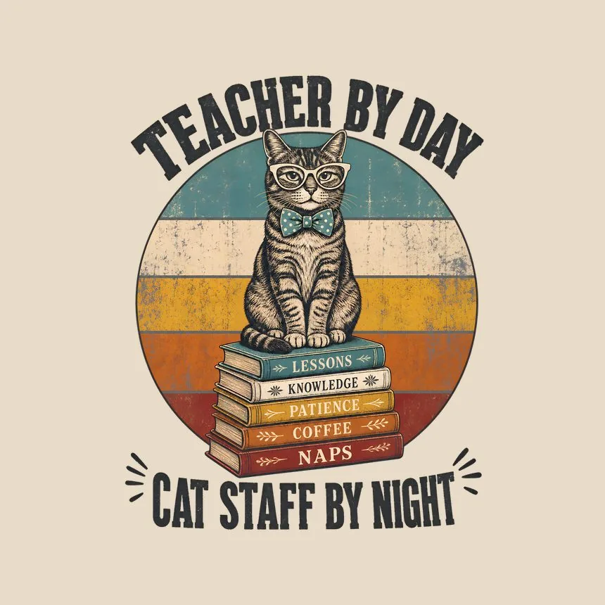 Teacher By Day Cat Staff By Night Retro Cat Design — funny cat throw pillow