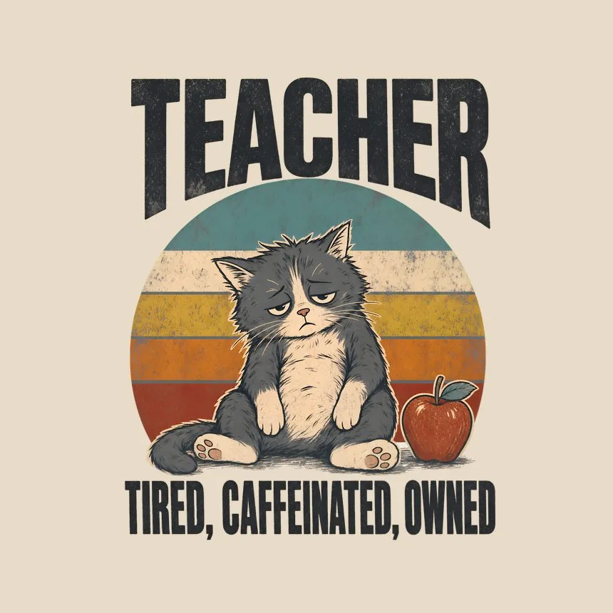 Teacher Tired, Caffeinated, Owned Retro Cat Design — funny cat throw pillow