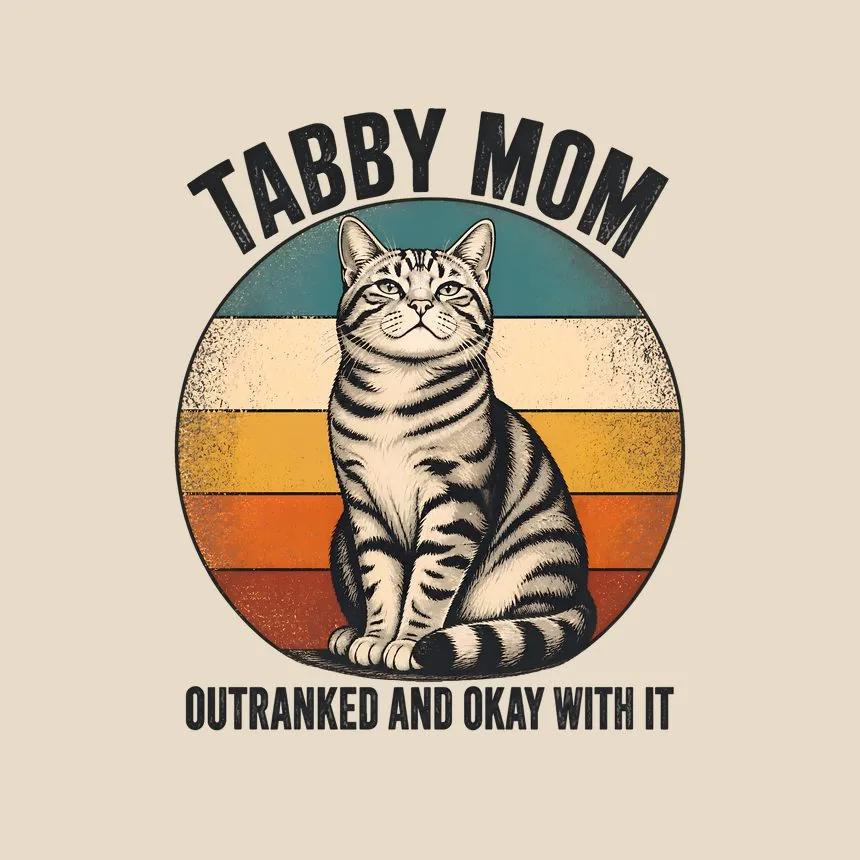 Tabby Mom Outranked And Okay With It Cat On Retro Sunset — funny cat throw pillow