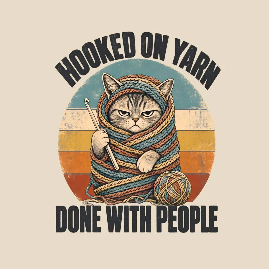Hooked On Yarn Done With People Retro Cat Design — funny cat throw pillow