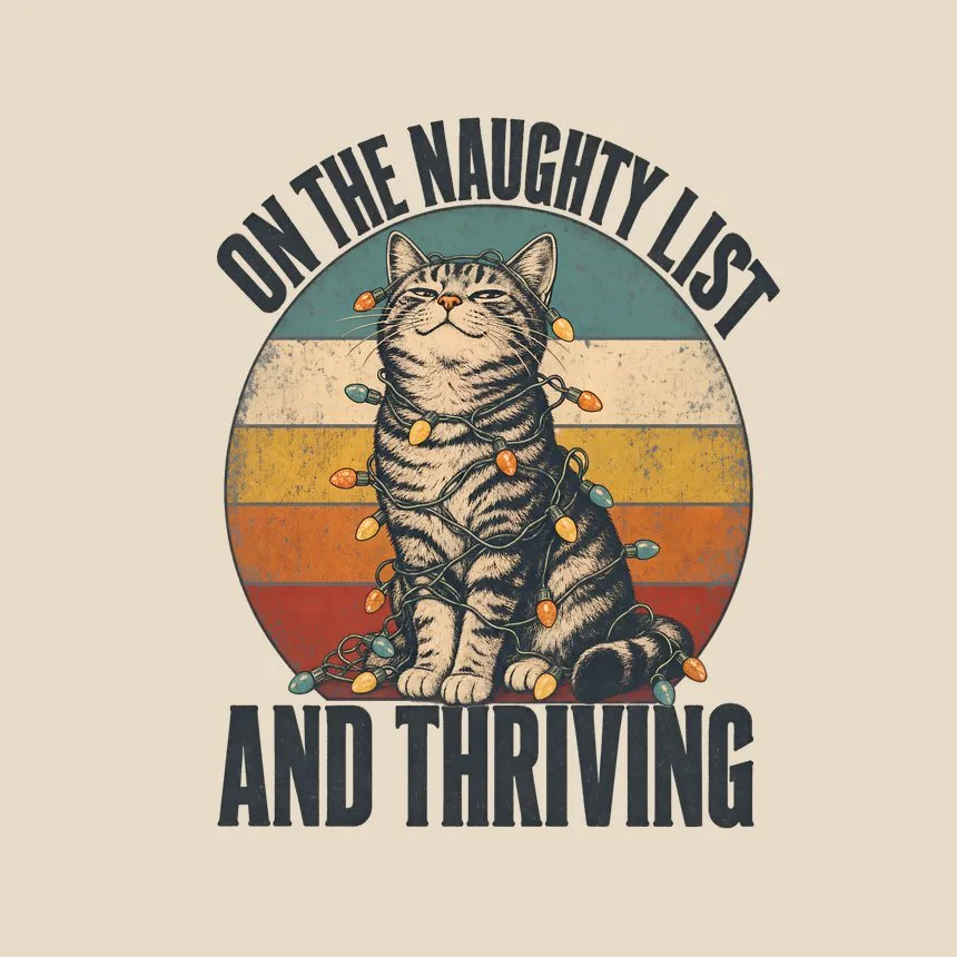 On The Naughty List And Thriving Retro Cat Design — funny cat throw pillow