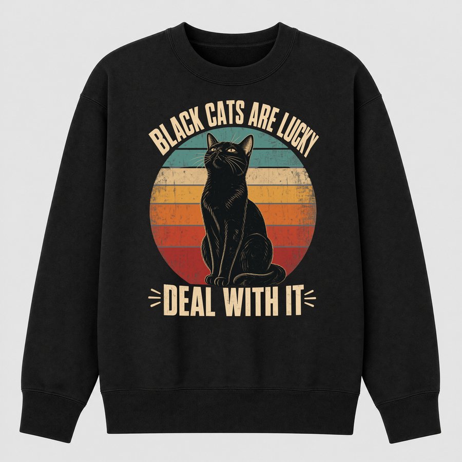 Black Cats Are Lucky Deal With It Retro — funny cat sweatshirt
