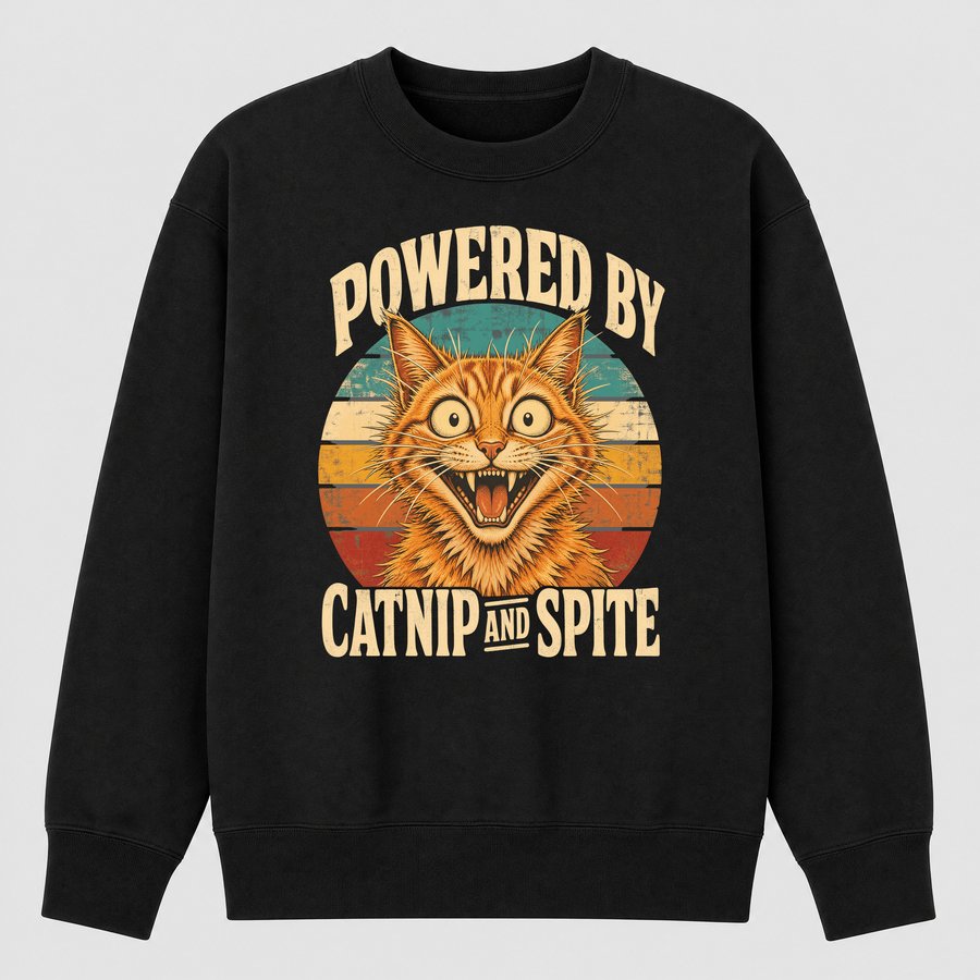 Powered By Catnip And Spite Sassy Cat Retro — funny cat sweatshirt