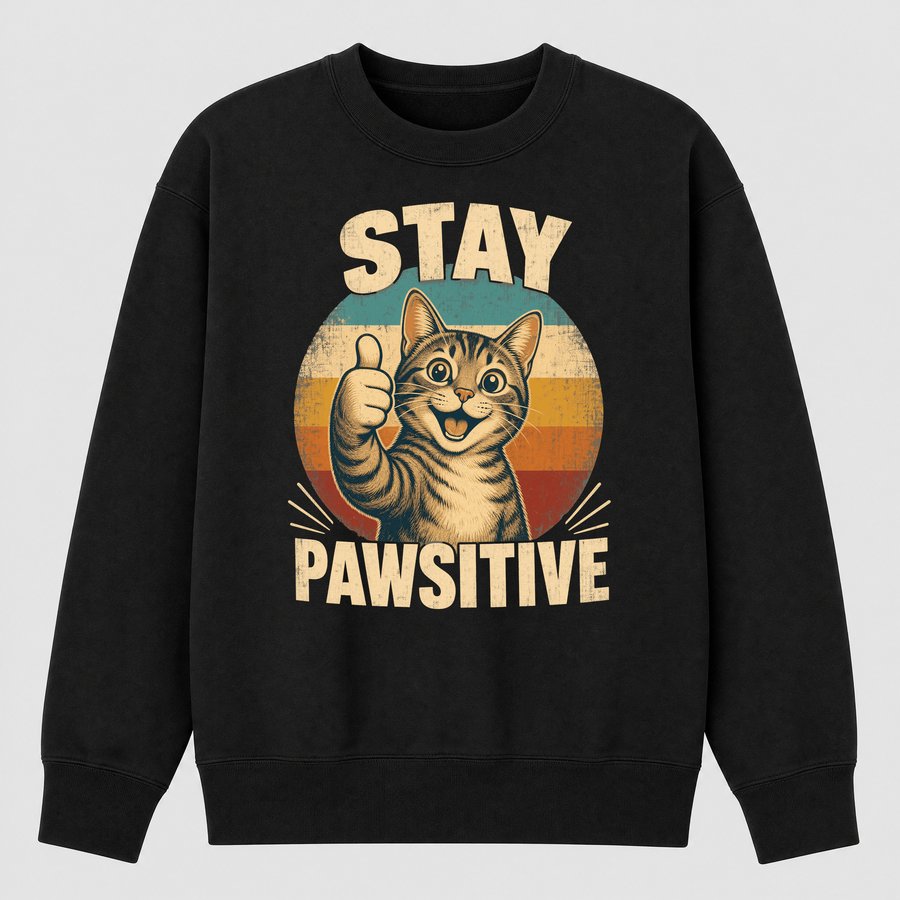 Stay Pawsitive Cheerful Cat Retro Design — funny cat sweatshirt