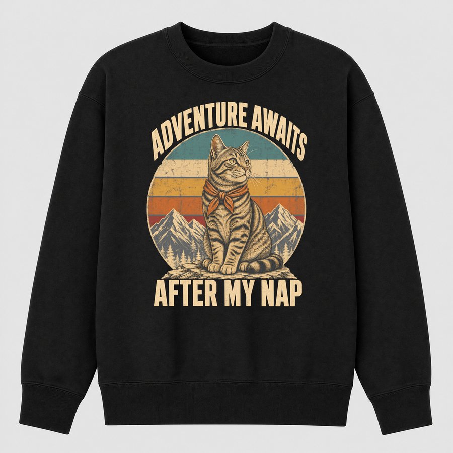 Adventure Awaits After My Nap Cat Retro — funny cat sweatshirt