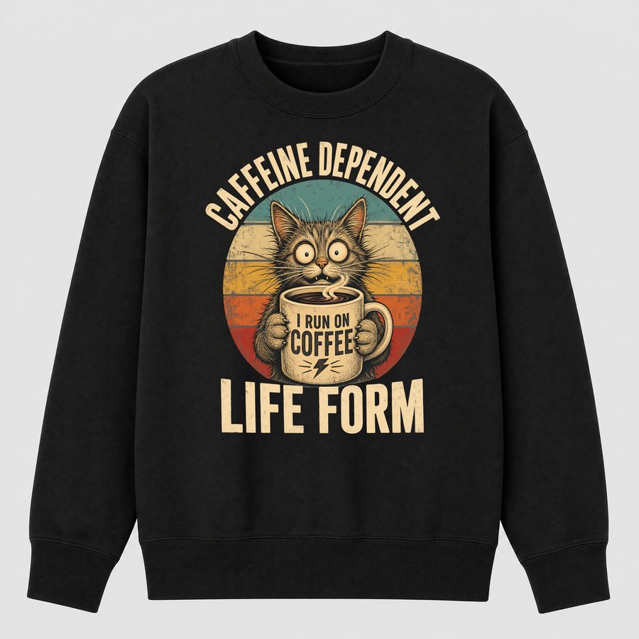 Caffeine Dependent Life Form Cat Retro — funny cat sweatshirt