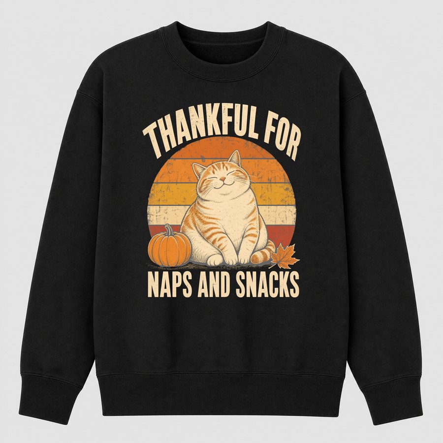 Thankful For Naps And Snacks Holiday Cat — funny cat sweatshirt