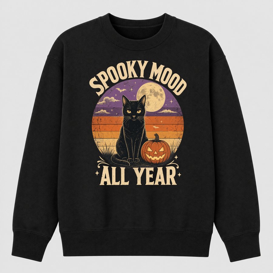Spooky Mood All Year Black Cat Halloween Retro — funny cat sweatshirt