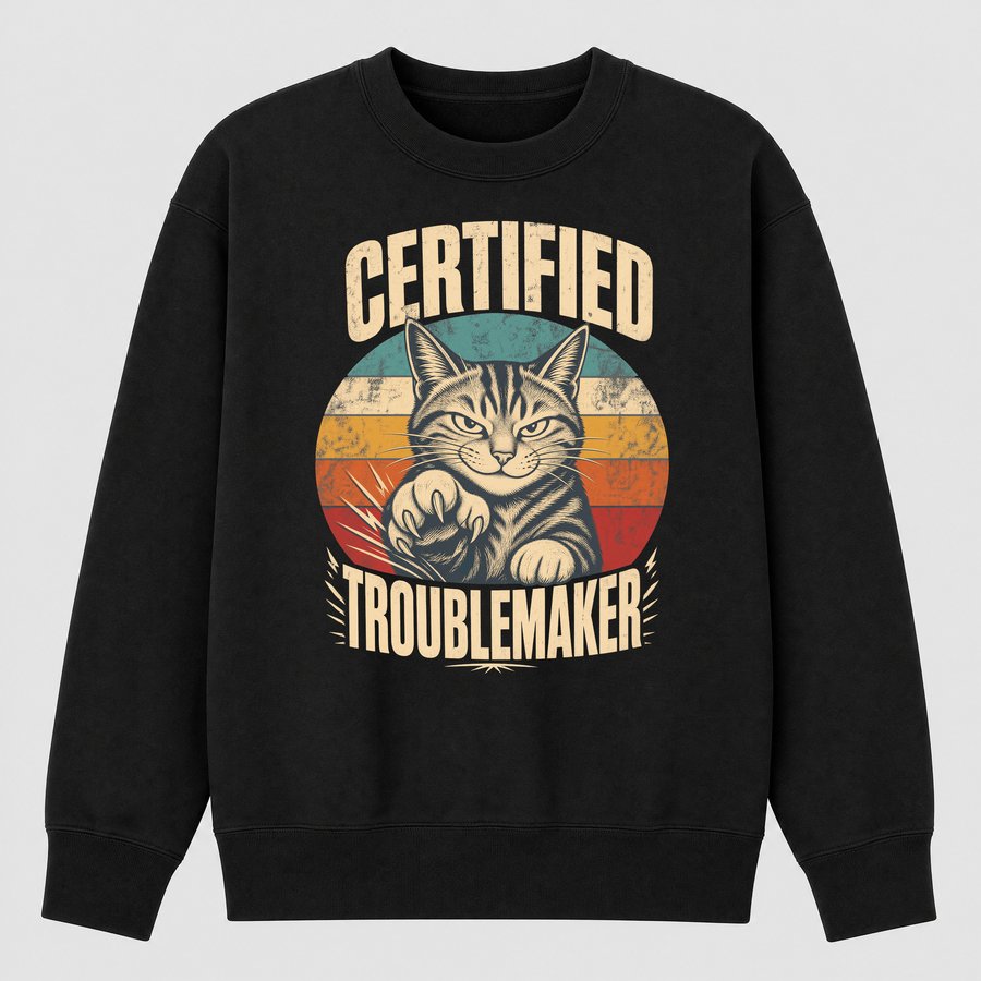 Certified Troublemaker Sneaky Cat Retro — funny cat sweatshirt