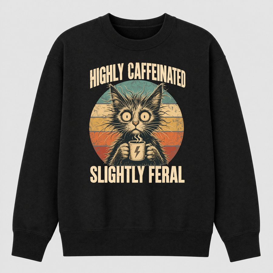 Highly Caffeinated Slightly Feral Cat Retro — funny cat sweatshirt
