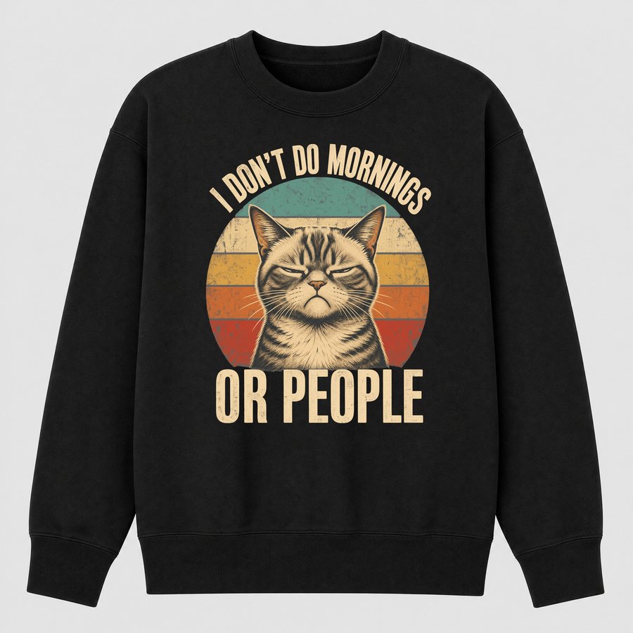 I Don't Do Mornings Or People Cat Retro — funny cat sweatshirt