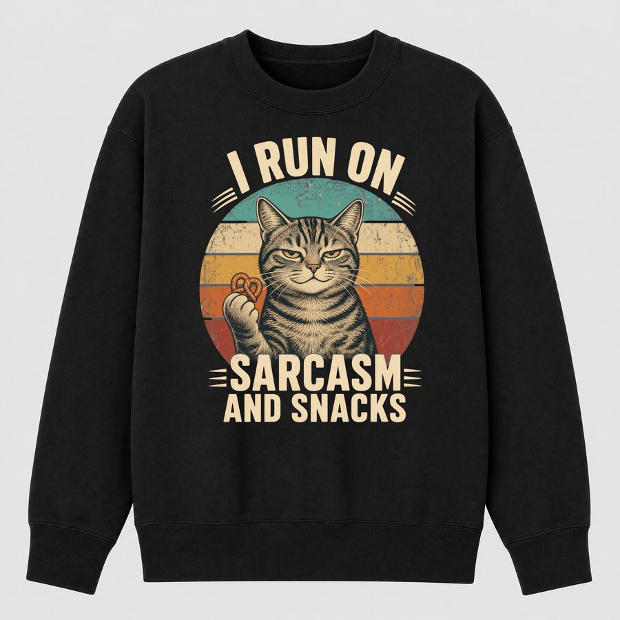 I Run On Sarcasm And Snacks Cat Retro — funny cat sweatshirt