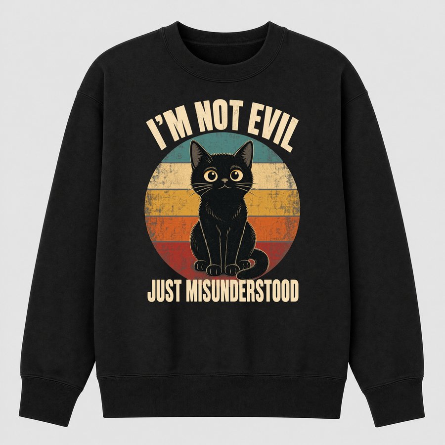 Not Evil Just Misunderstood Black Cat Retro — funny cat sweatshirt