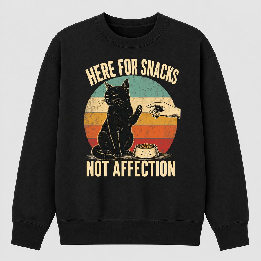 Here For Snacks Not Affection Black Cat Retro — funny cat sweatshirt