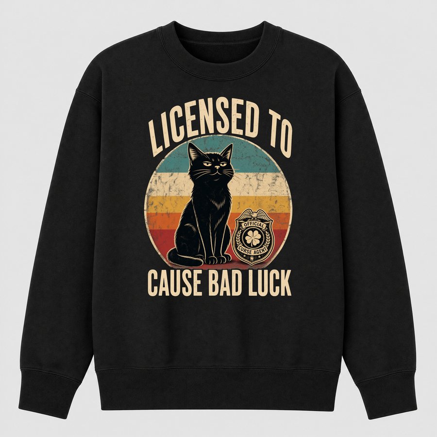 Licensed To Cause Bad Luck Black Cat Retro — funny cat sweatshirt