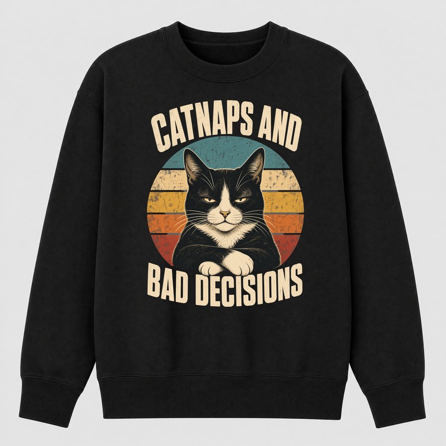 Catnaps And Bad Decisions Tuxedo Cat Retro — funny cat sweatshirt