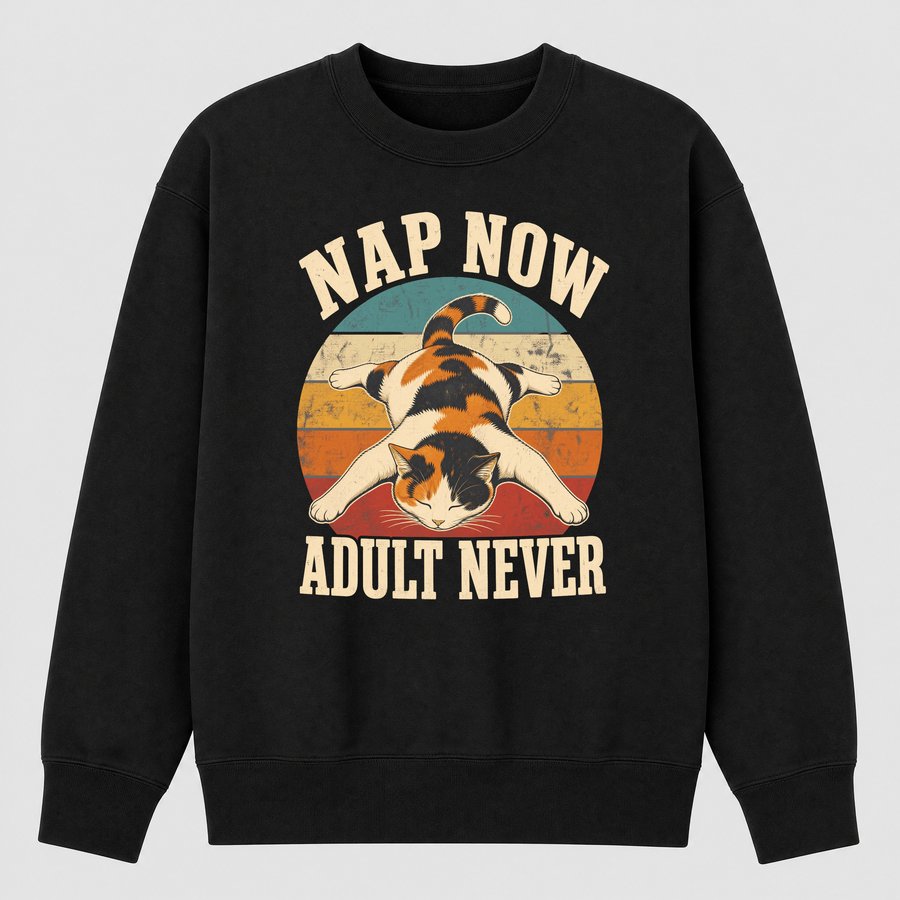 Nap Now Adult Never Lazy Calico Cat Retro — funny cat sweatshirt