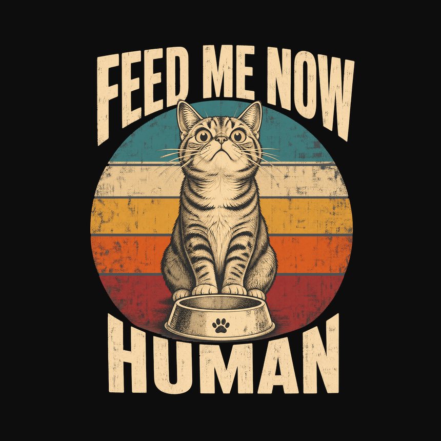 Feed Me Now Human Demanding Cat Retro — funny cat tank top