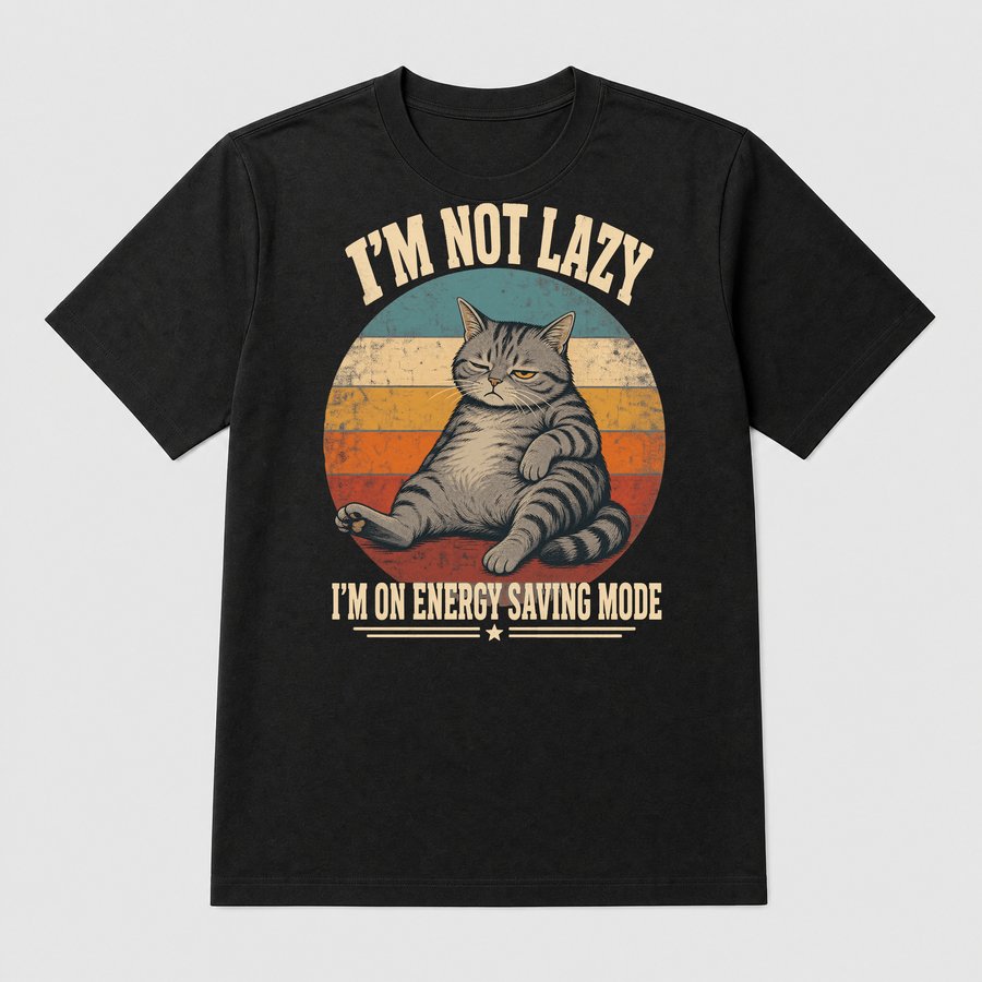 Energy Saving Mode Lazy Cat Retro Design — funny cat tee
