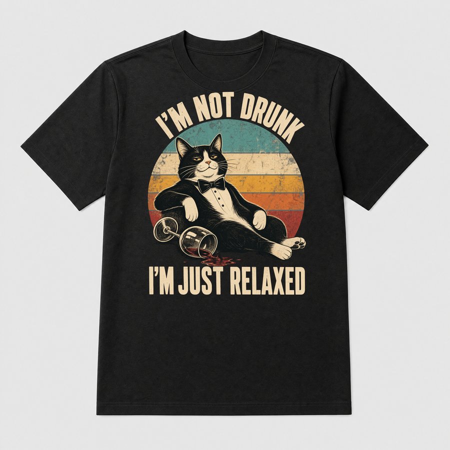 I'm Not Drunk Just Relaxed Wine Cat Retro — funny cat tee