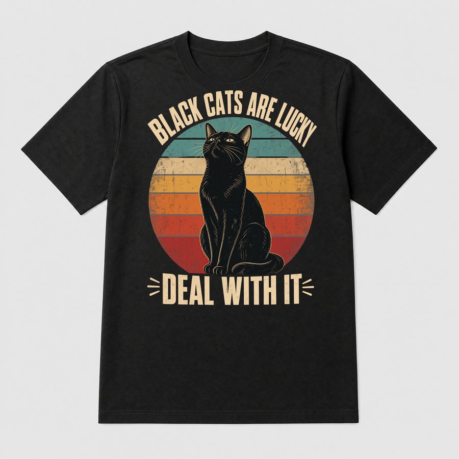 Black Cats Are Lucky Deal With It Retro — funny cat tee