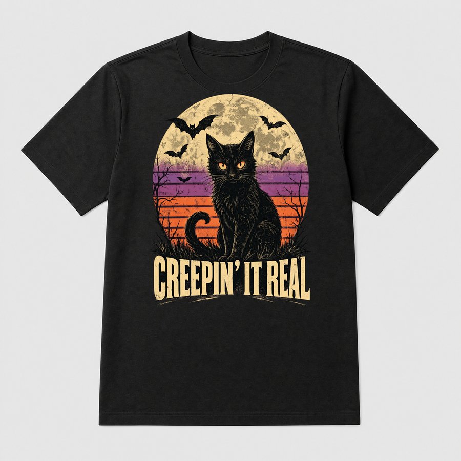 Creepin It Real Spooky Cat Halloween Retro — funny cat tee