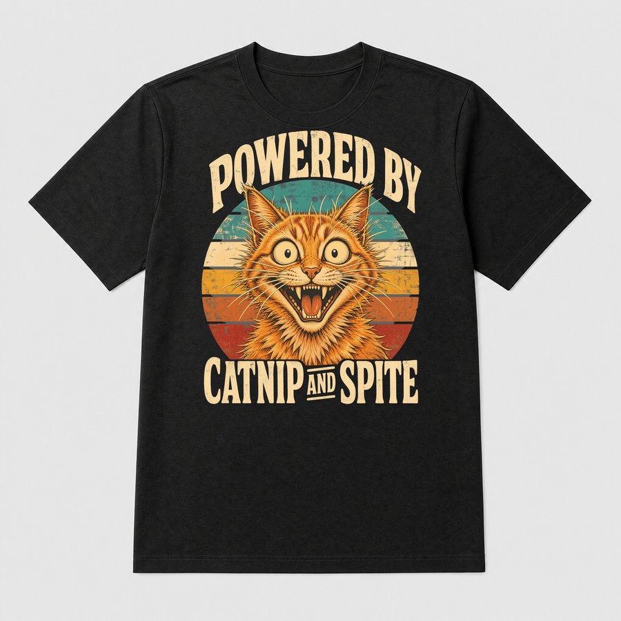 Powered By Catnip And Spite Sassy Cat Retro — funny cat tee