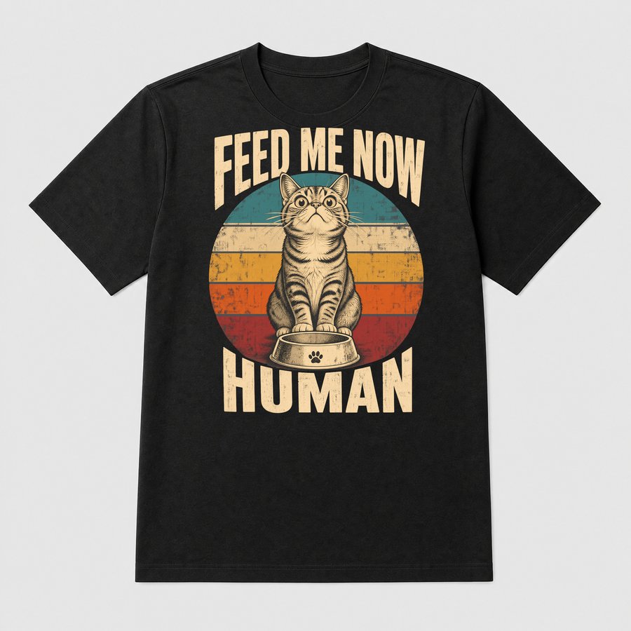 Feed Me Now Human Demanding Cat Retro — funny cat tee