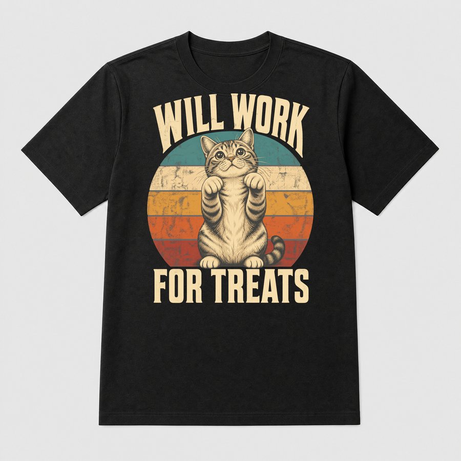 Will Work For Treats Hungry Cat Retro Design — funny cat tee