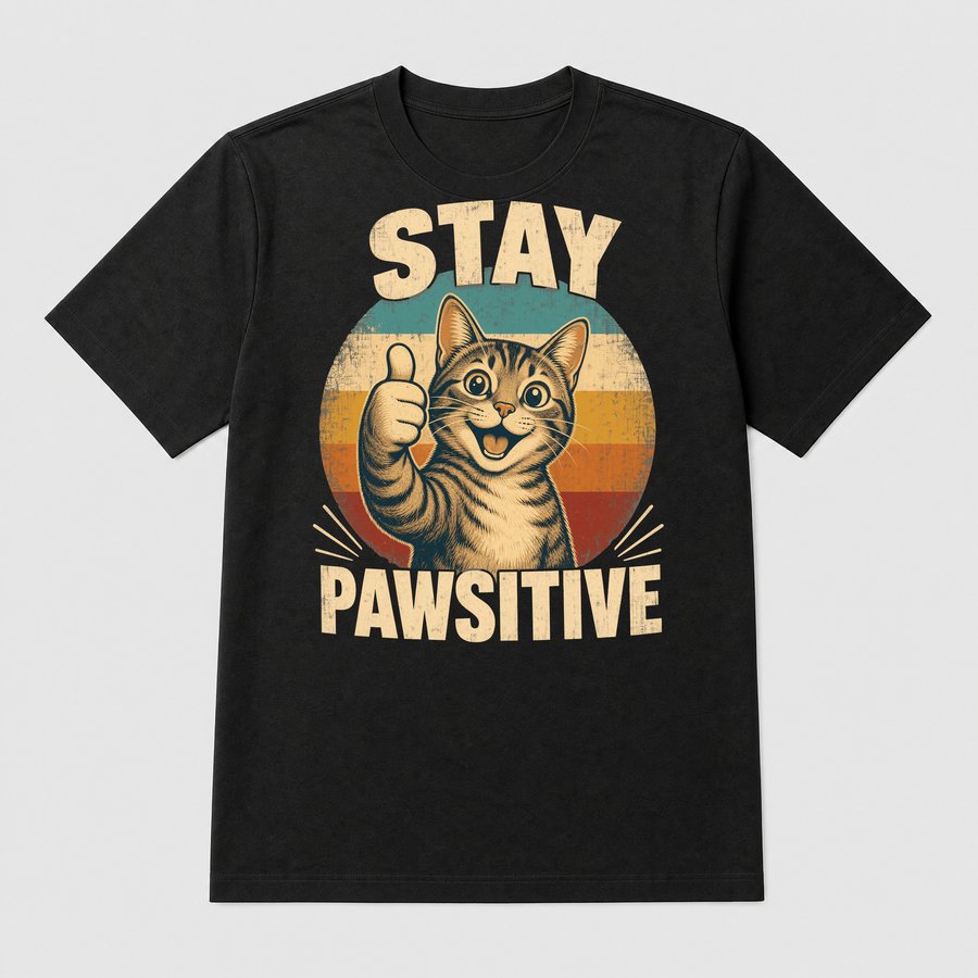 Stay Pawsitive Cheerful Cat Retro Design — funny cat tee