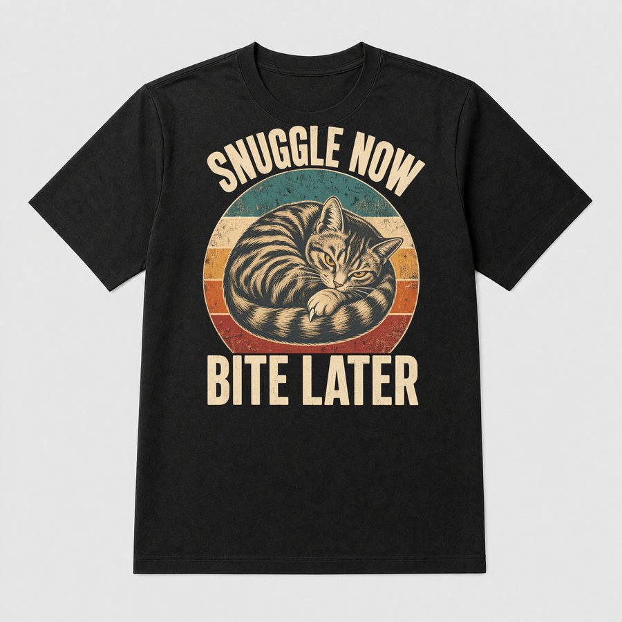 Snuggle Now Bite Later Moody Cat Retro — funny cat tee