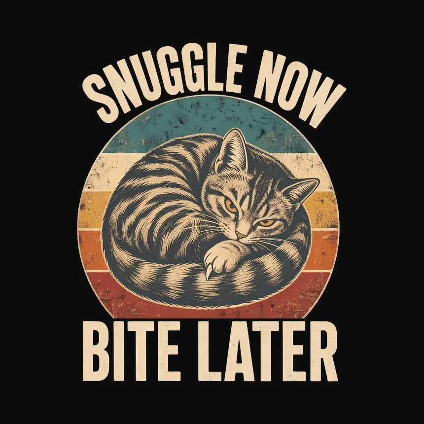 Snuggle Now Bite Later Moody Cat Retro — funny cat tee