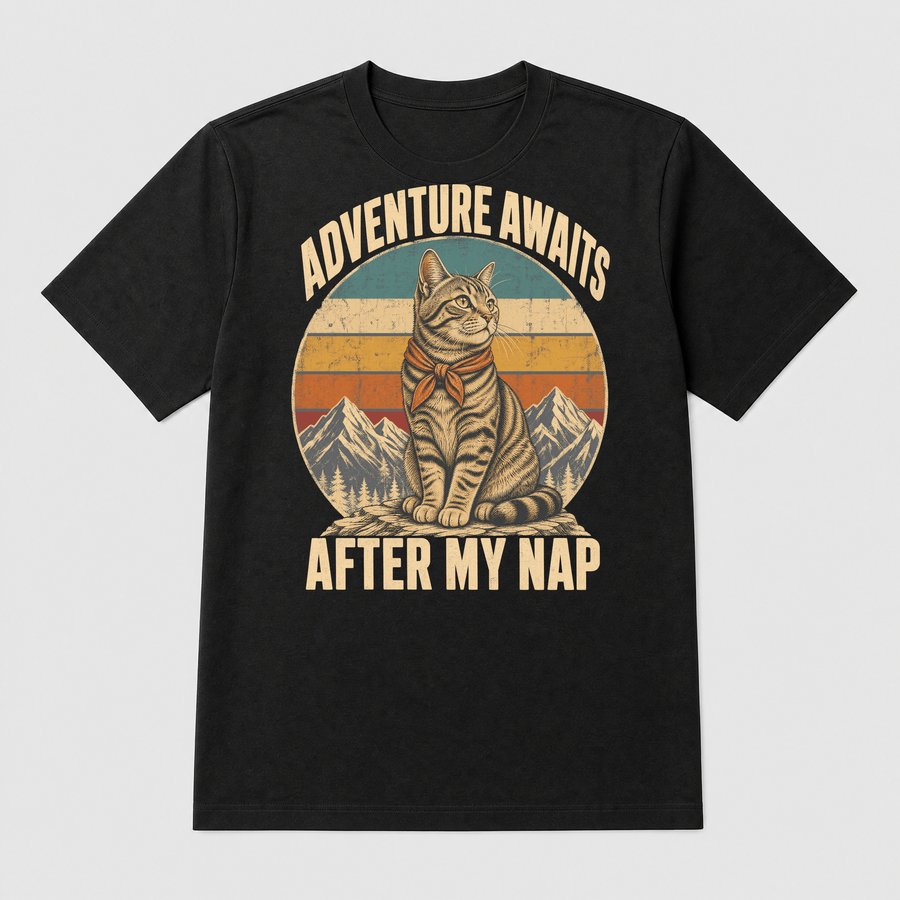 Adventure Awaits After My Nap Cat Retro — funny cat tee