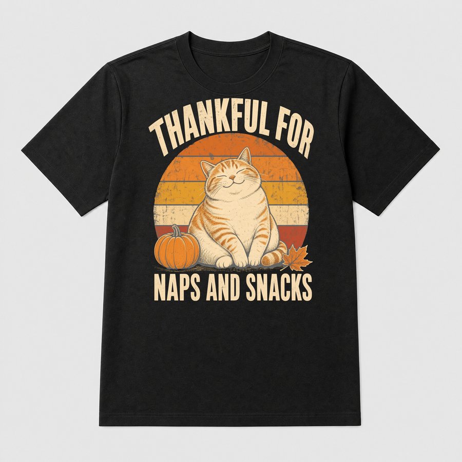 Thankful For Naps And Snacks Holiday Cat — funny cat tee