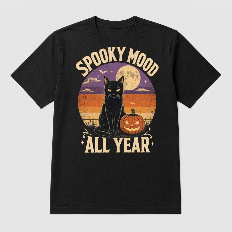 Spooky Mood All Year Black Cat Halloween Retro — funny cat tee