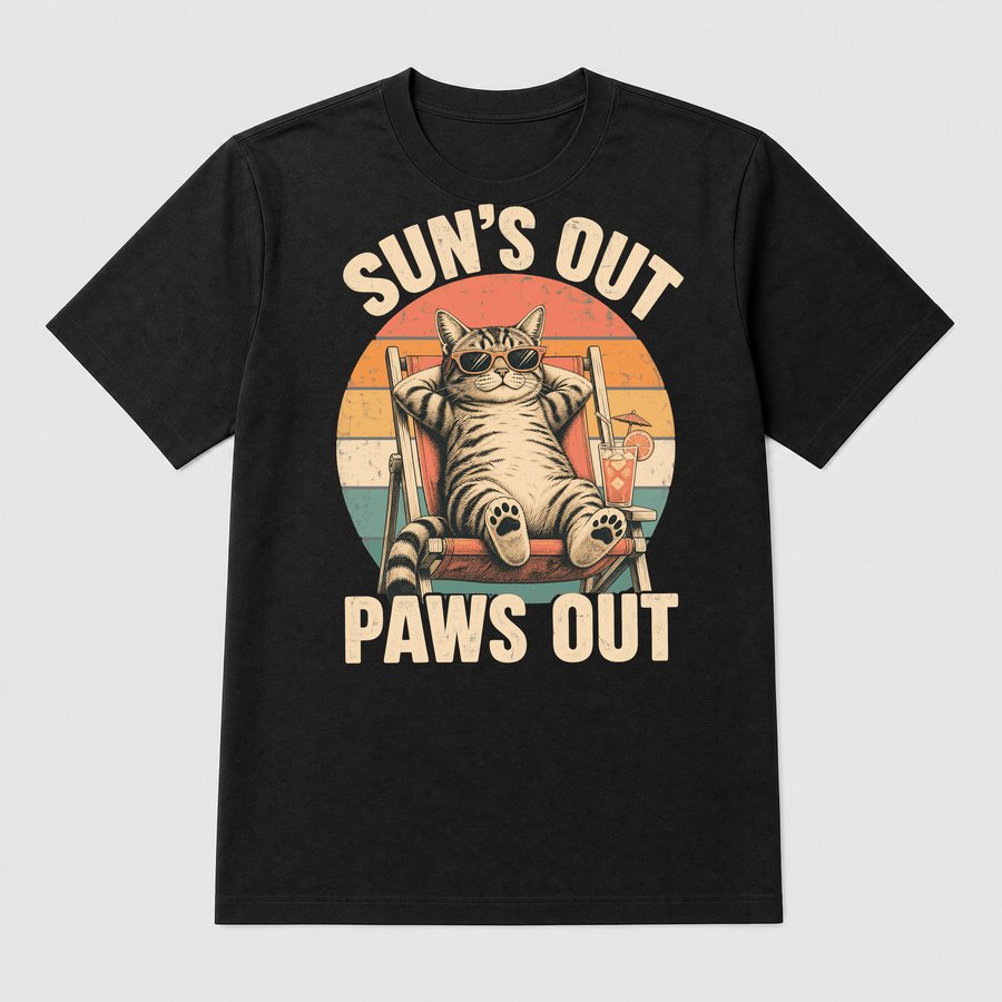 Suns Out Paws Out Summer Cat Retro Design — funny cat tee