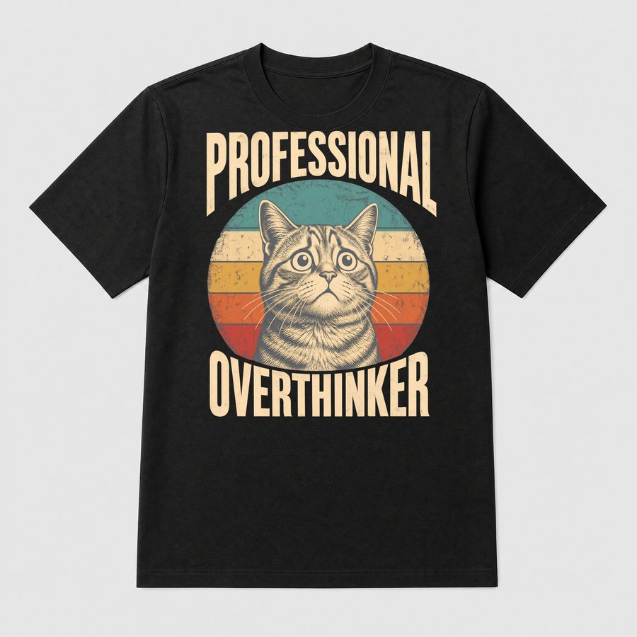 Professional Overthinker Anxious Cat Retro — funny cat tee