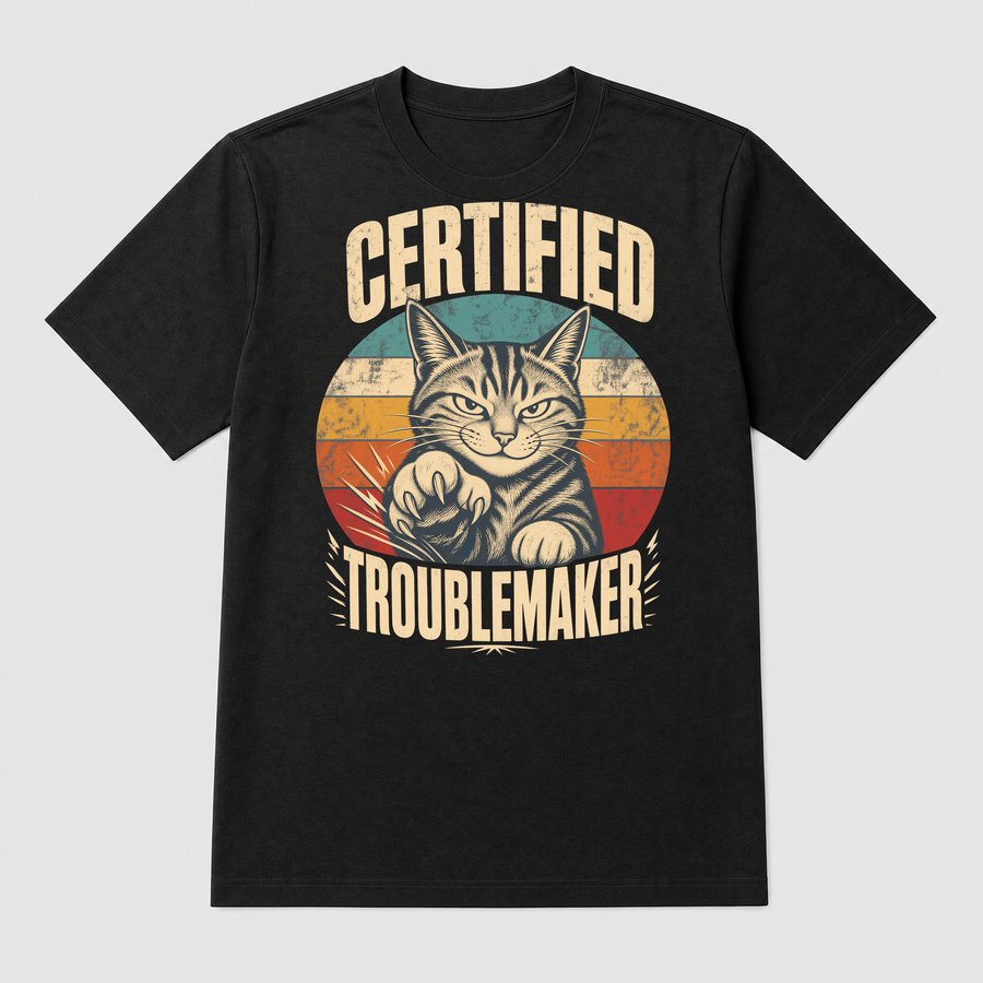 Certified Troublemaker Sneaky Cat Retro — funny cat tee