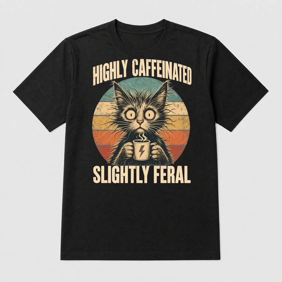 Highly Caffeinated Slightly Feral Cat Retro — funny cat tee