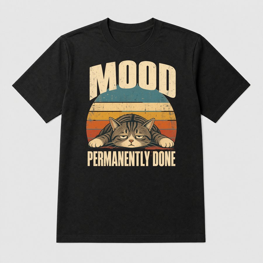 Mood Permanently Done Tired Cat Retro — funny cat tee