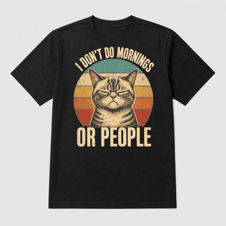 I Don't Do Mornings Or People Cat Retro — funny cat tee