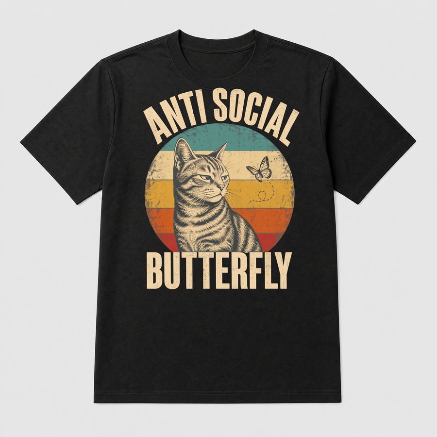 Anti Social Butterfly Introvert Cat Retro — funny cat tee