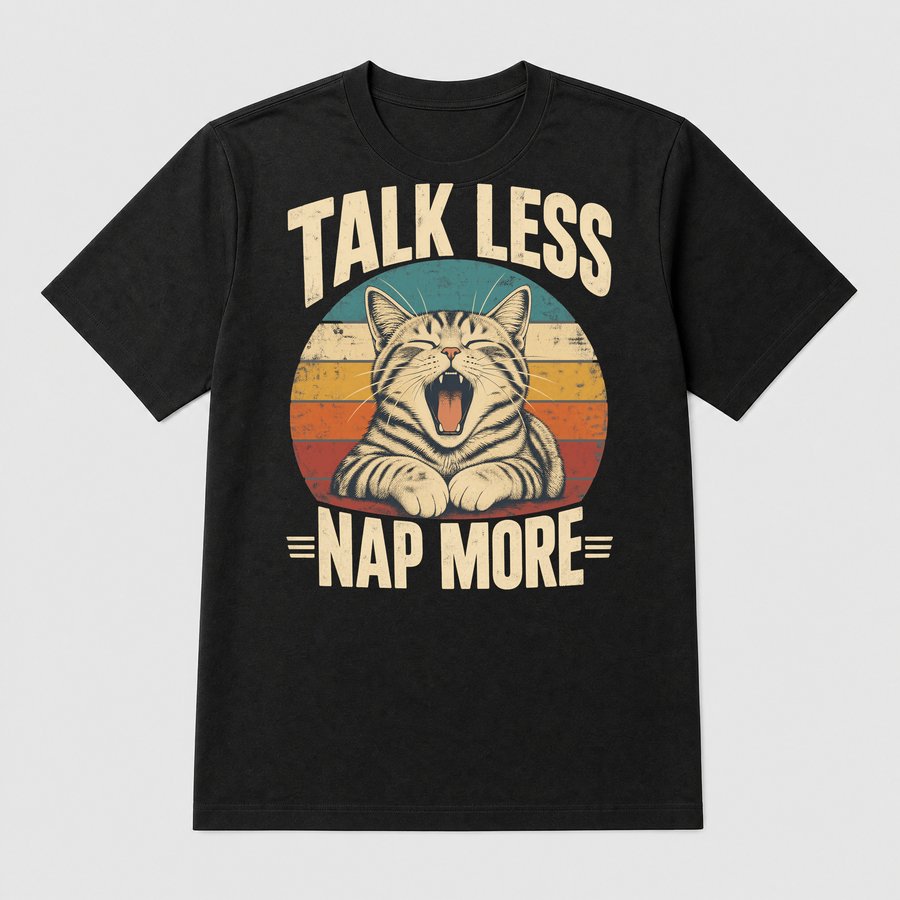 Talk Less Nap More Lazy Cat Retro Design — funny cat tee