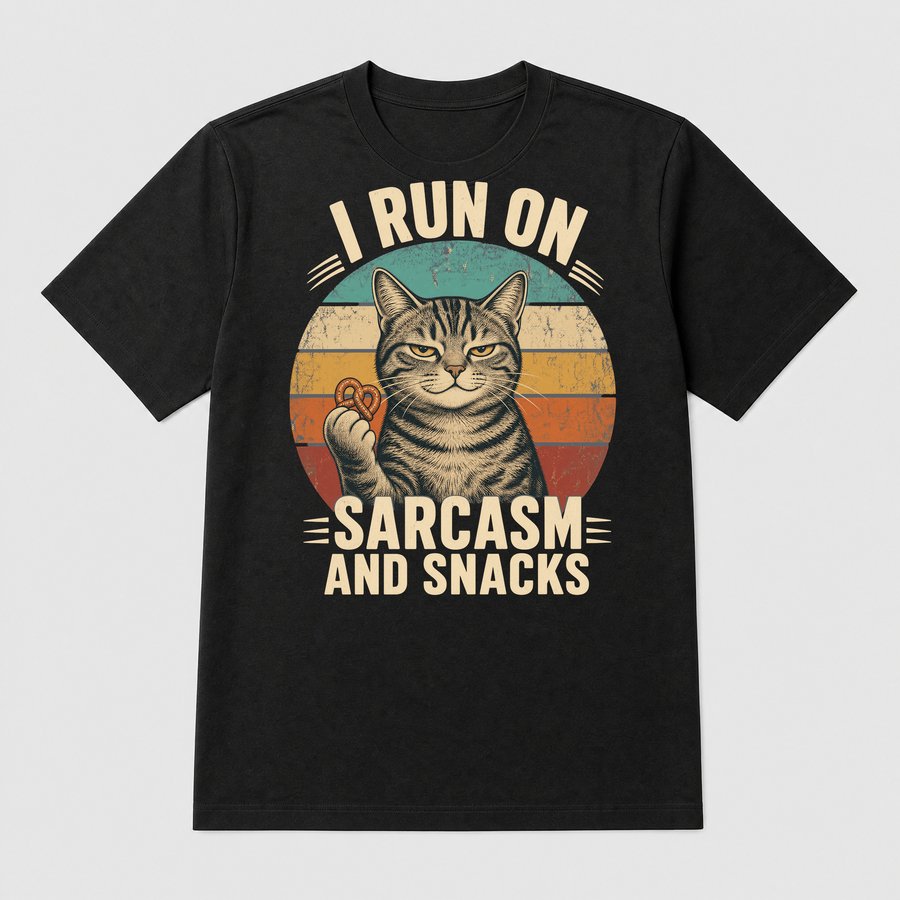 I Run On Sarcasm And Snacks Cat Retro — funny cat tee