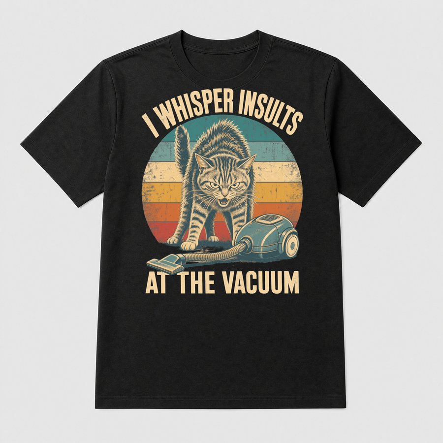 I Whisper Insults At The Vacuum Cat Retro — funny cat tee