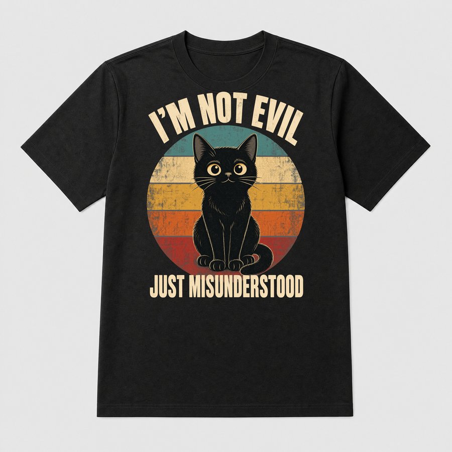 Not Evil Just Misunderstood Black Cat Retro — funny cat tee